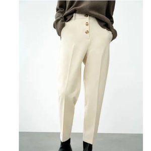 ZARA Ecru Cream Stretch High-Rise Buttoned Trousers $69.90